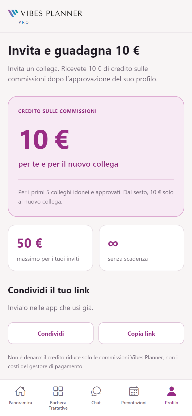 Invita e guadagna: credito sulle commissioni e condivisione del link, esempio dimostrativo